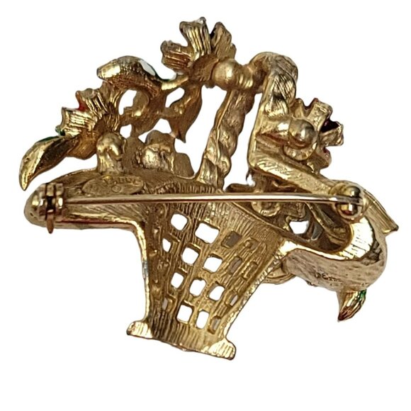 St. Labre Gold Tone Multicolor Enamel Clear Rhinestone Basket of Flowers Brooch - Picture 7 of 9